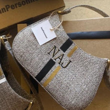 Load image into Gallery viewer, Taupe Baguette Initial Tweed Bag Scarlt.com