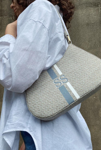 Blue Grey Baguette Initial Tweed Bag Scarlt.com